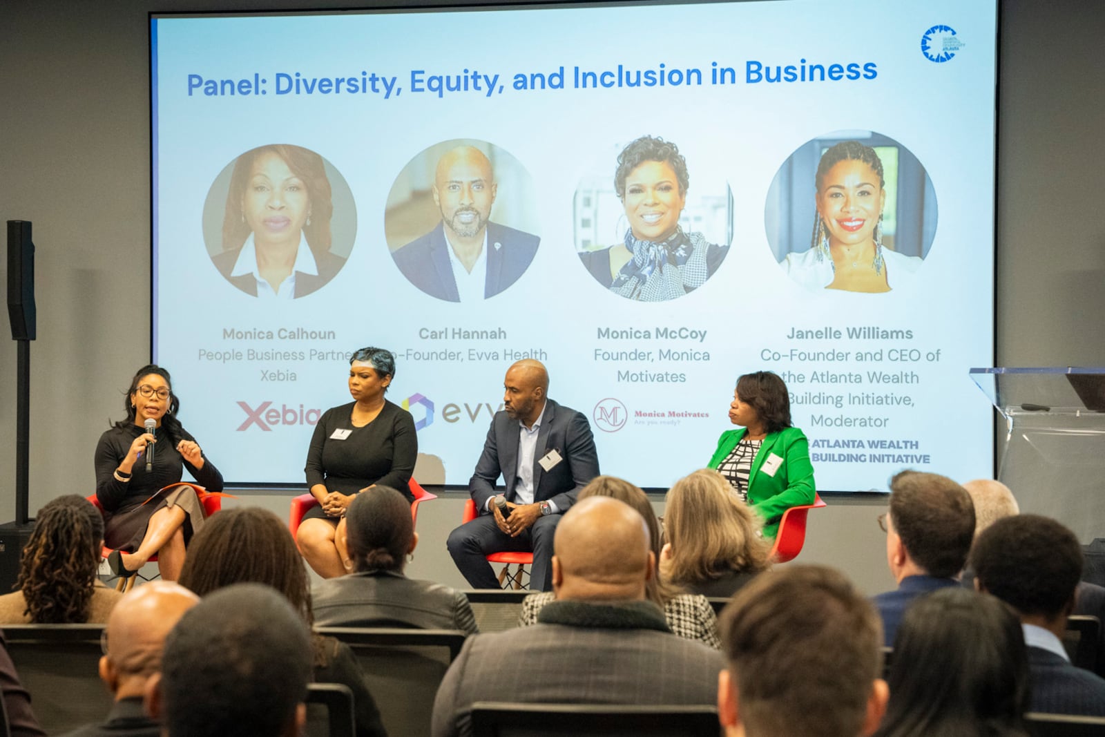 Janelle Williams (left), CEO and co-founder of the Atlanta Wealth Building Initiative, takes part in a discussion on Black business expansion at the Black Business Breakfast at the Russell Center on Wednesday, Feb. 14, 2024. The Atlanta Wealth Building Initiative is rebranding to Kindred Futures. (Olivia Bowdoin for the AJC)