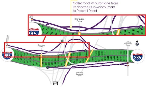 Collector-Distributor lane from Peachtree Dunwoody Road to Roswell Road. (Courtesy Georgia DOT)