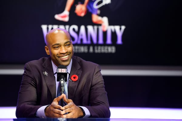 FILE - Former Toronto Raptors player Vince Carter speaks to media ahead of his number retirement at the Scotiabank arena in Toronto, Nov. 2, 2024. (Christopher Katsarov/The Canadian Press via AP, File)