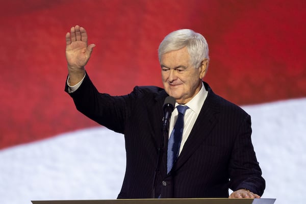 Former U.S. House Speaker Newt Gingrich speaks at Fiserv Forum in Milwaukee on Wednesday, July 17, 2024, the third day of the Republican National Convention. (Arvin Temkar / AJC)