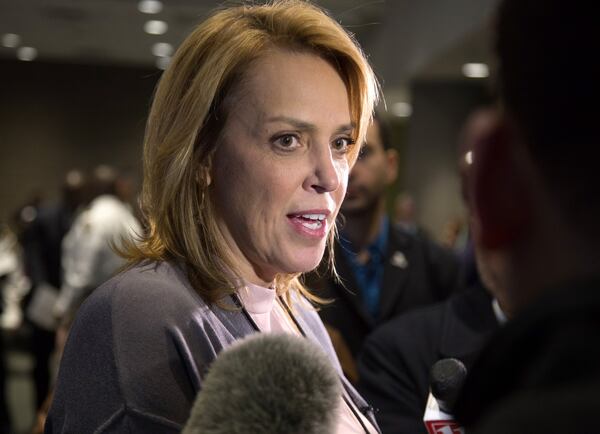 The head of security for the NFL, Cathy Lanier, talks with the media at an Executive Public Safety Tabletop Exercise at the Georgia World Congress Center on Wednesday, November 5, 2018. The exercise was intended as preparation for 10 days of activities surrounding the Super Bowl on Feb. 4. 