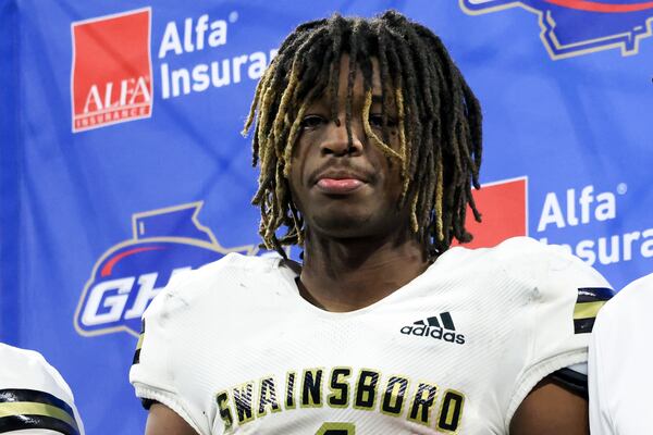 Swainsboro wide receiver Demello Jones (1) reacts to their loss to Prince Avenue Christian in the Class A Division I GHSA State Championship game at Mercedes-Benz Stadium, Monday, December. 11, 2023, in Atlanta. Prince Avenue Christian won 49-32. Jones is an AJC Super 11 and a Georgia commit. (Jason Getz / Jason.Getz@ajc.com)