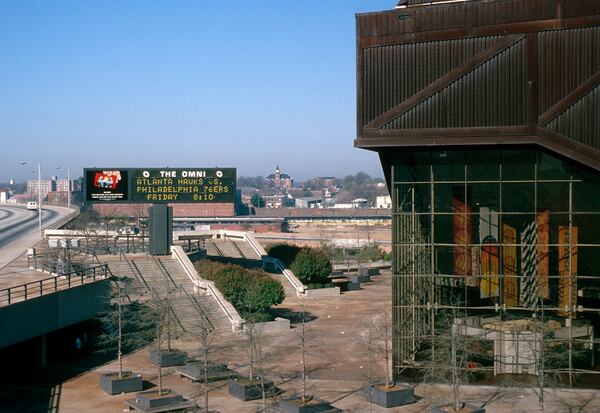 Exterior view of the rust-colored Omni Coliseum.  (Acroterion / Wikimedia Commons)