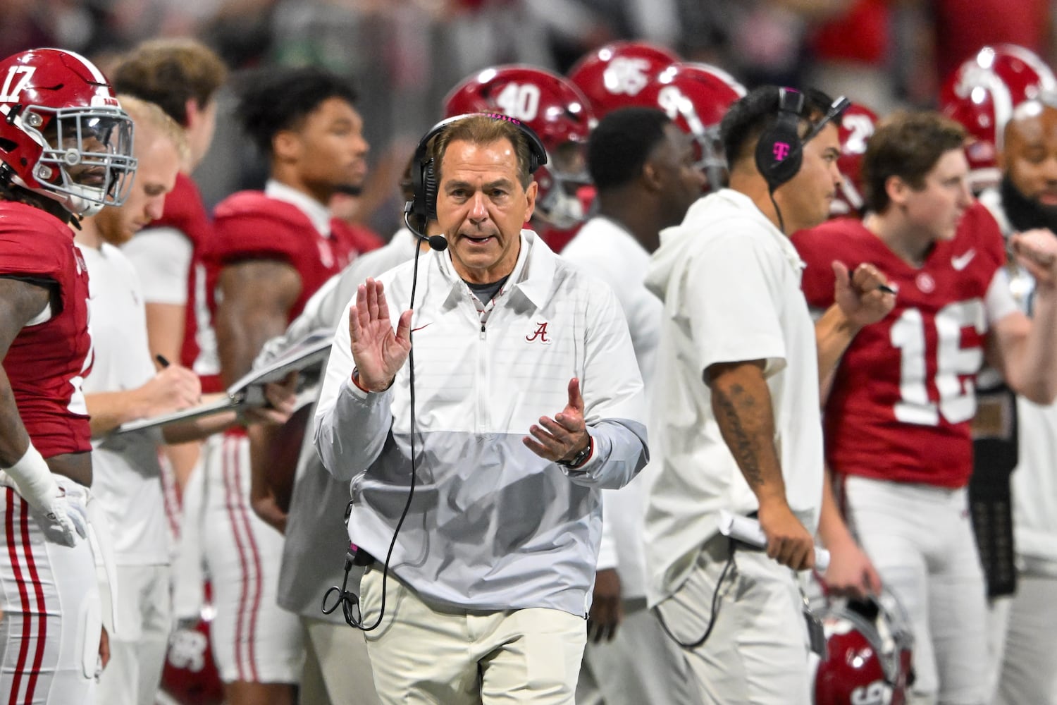 Alabama Crimson Tide head coach Nick Saban reacts against the Georgia Bulldogs during the second half of the SEC Championship football game at the Mercedes-Benz Stadium in Atlanta, on Saturday, December 2, 2023. (Hyosub Shin / Hyosub.Shin@ajc.com)