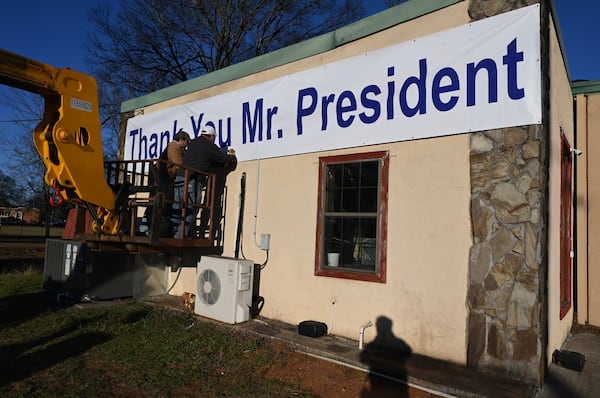 A  banner going up in Plains to show appreciation for former President Jimmy Carter.