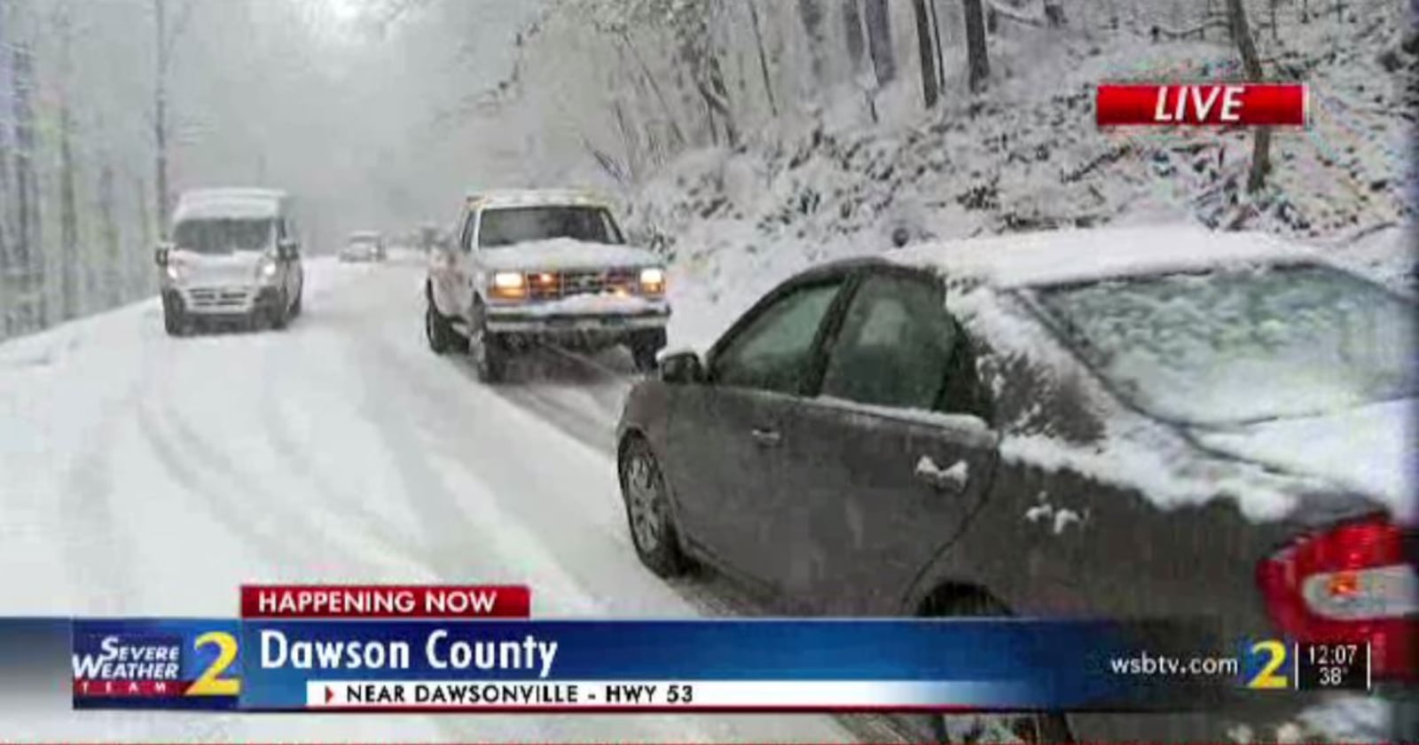 In Dawson County, both sides of Ga. 53 are shut down as crews work to clear drivers who got stuck in the ice and snow, Channel 2 reported