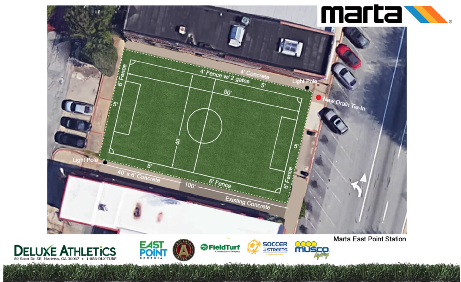 This is a sketch of the soccer field that will appear just outside the East Point MARTA stop. It is the third of a planned 10 Station Soccer fields to be built along the train line.