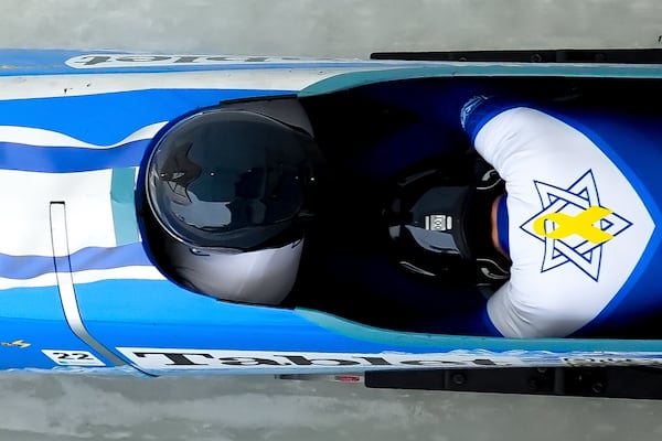 Adam Edelman and Regnars Kirejevs, of Israel, compete in their second run during the two-man bobsled at the bobsledding world championships, Saturday, March 8, 2025, in Lake Placid, N.Y. (AP Photo/Julia Demaree Nikhinson)