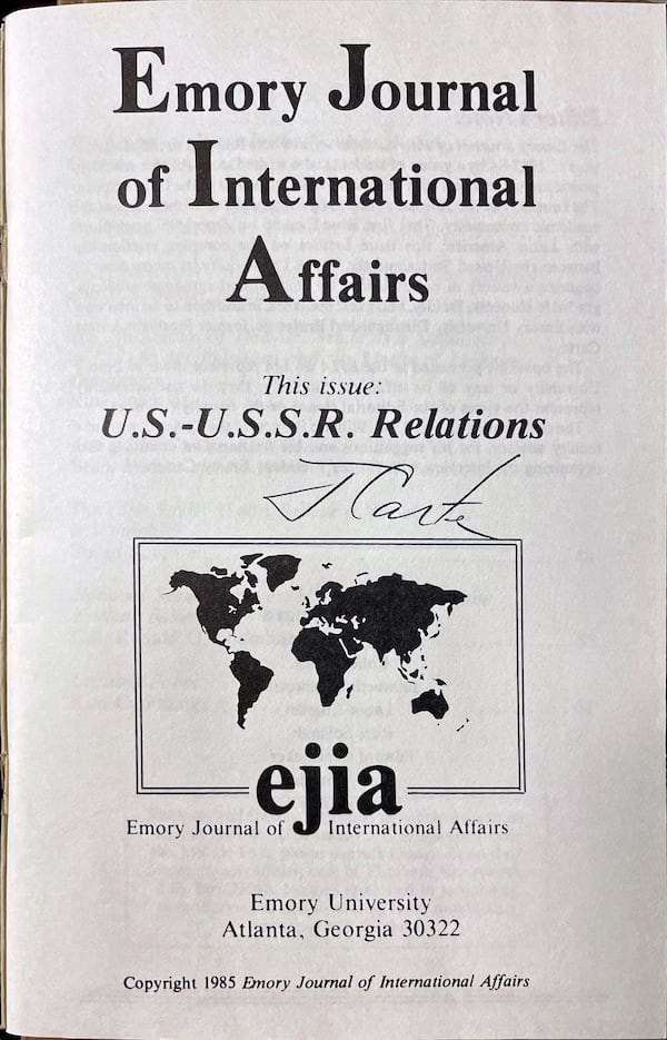 Jimmy Carter signed a page in this journal for Jonathan Kopp, who majored in International Studies at Emory University. "I will never forget the impact of being a freshman in college and hearing President Carter hold court on this topic in a spring 1985 session, when he signed this journal for me," Kopp wrote.