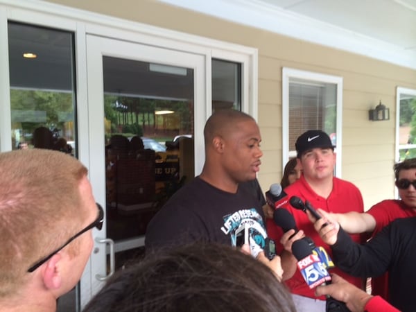 Falcons defensive tackle Corey Peters after checking in for training camp on July 24, 2014 (D. Orlando Ledbetter/DLedbetter@ajc.com)