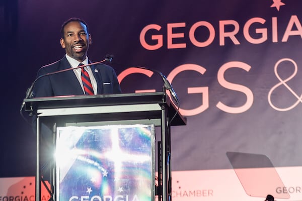 The Georgia Chamber holds it annual “Eggs and Issues” breakfast at Mercedes Benz stadium in Atlanta on Wednesday, Jan. 10, 2024. (Natrice Miller/ Natrice.miller@ajc.com)