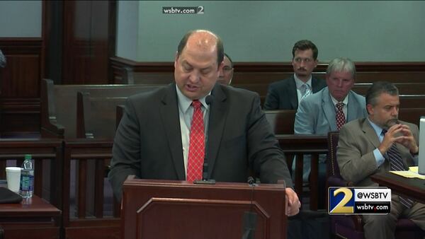 Defense attorney Bryan Lumpkin explains why the defense team for Justin Ross Harris believes it should be able to ask witness Shawn Murphy, a Cobb County detective, about the warrants Murphy obtained for Harris. Judge Mary Staley Clark ruled that Murphy's testimony should be limited so as not to include certain questions about why Harris was considered a criminal suspect. The exchange was part of the defense's case in Harris' murder trial at the Glynn County Courthouse in Brunswick, Ga., on Friday, Oct. 28, 2016. (screen capture via WSB-TV)