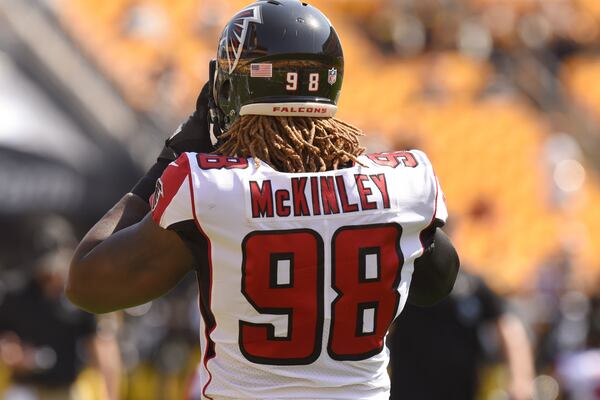 Atlanta Falcons defensive end Takkarist McKinley (98) warms up before of an NFL preseason football game against the Pittsburgh Steelers, Sunday, Aug. 20, 2017, in Pittsburgh. (AP Photo/Don Wright)