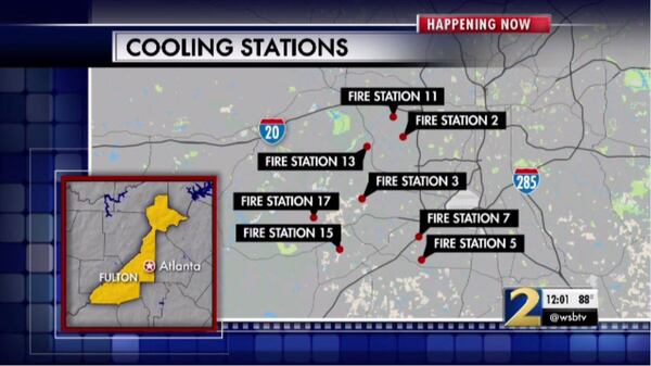 To help beat the heat, "cooling stations" have opened at several Atlanta firehouses. Bottled water and air-conditioning will be available.