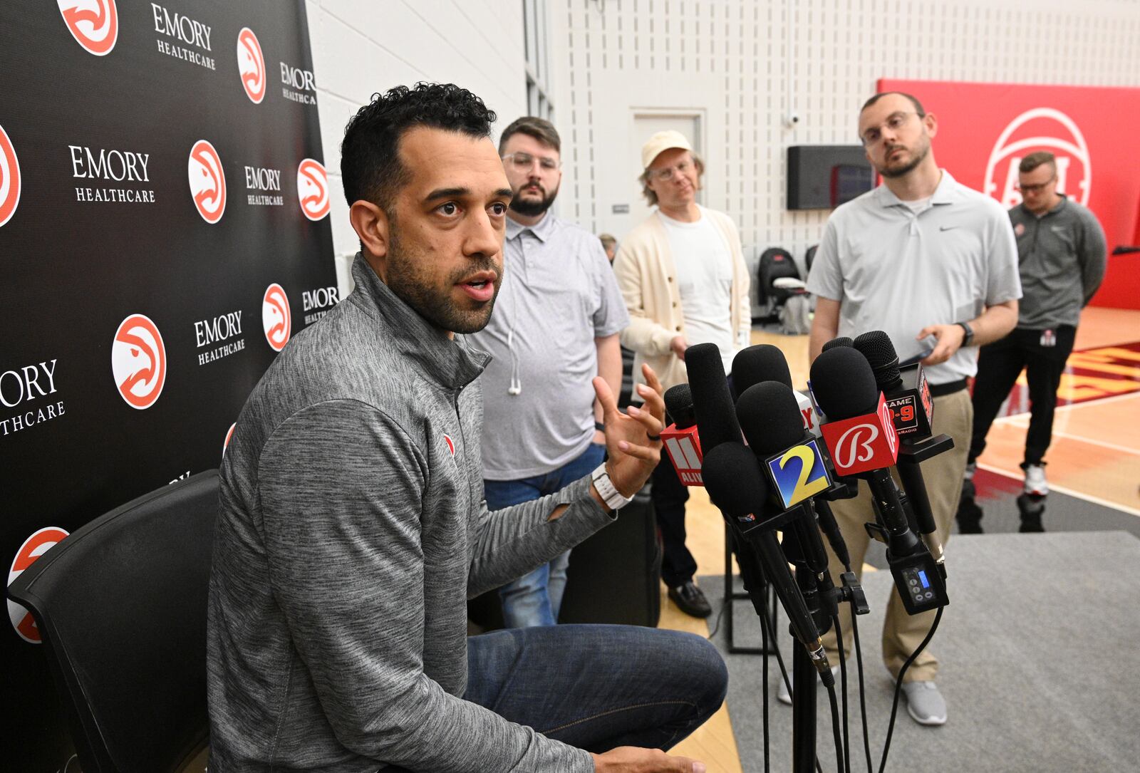 Hawks general manager Landry Fields during end-of-the-season interviews last month.