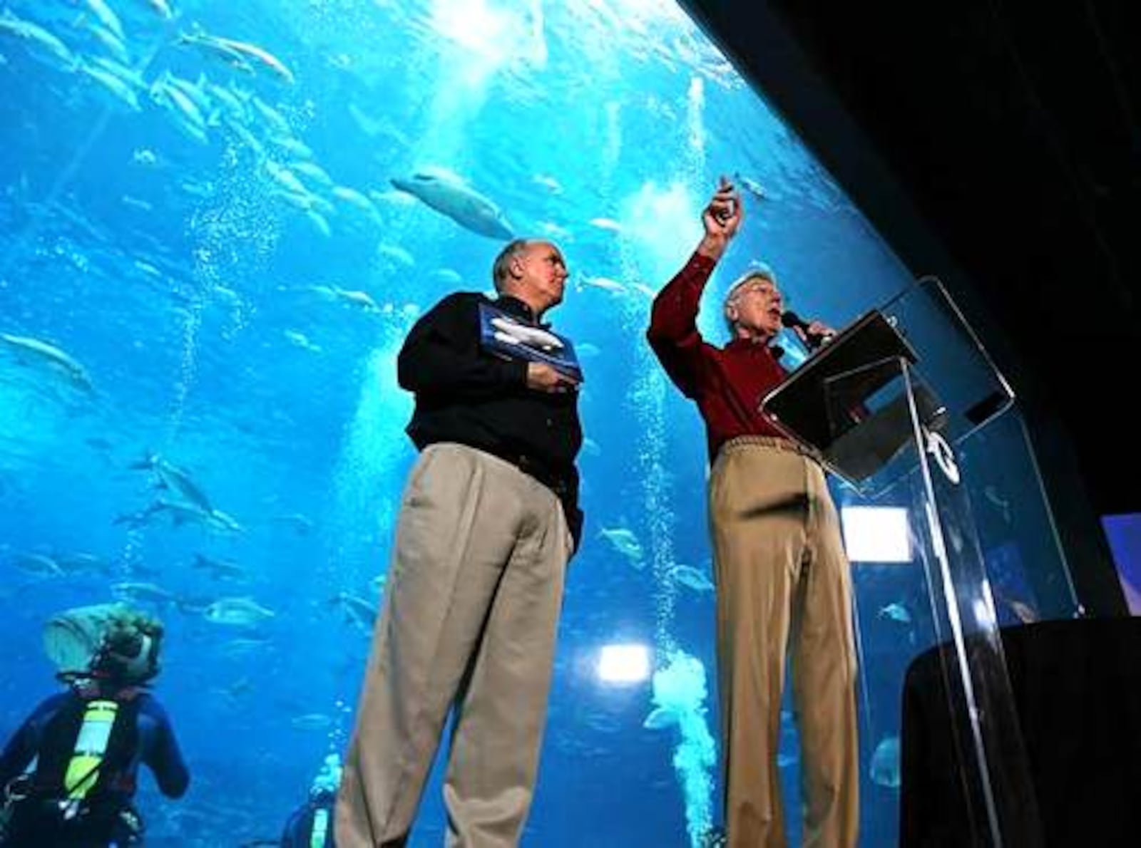 Aquarium benefactor Bernie Marcus (right) and Jeff Swanagan, executive director, talk about the successes and the future of the Atlanta tourist attraction.