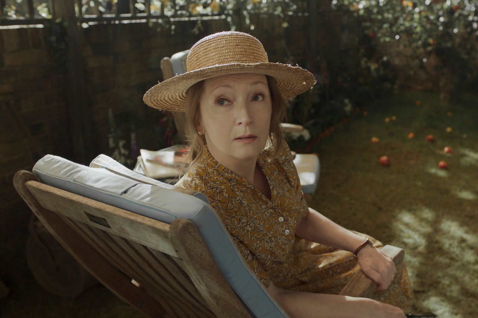 This image released by Apple TV+ shows Lesley Manville in a scene from "Disclaimer." (Apple TV+ via AP)