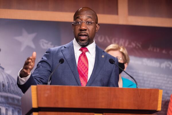 U.S. Sen. Raphael Warnock, D-Ga., speaks at a news conference on Medicaid expansion with other Democratic lawmakers on Capitol Hill in Washington, DC on September 23rd, 2021.