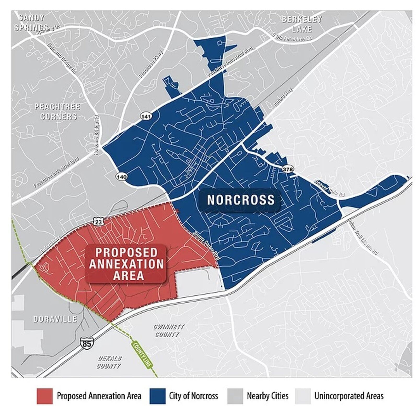 A map showing the city of Norcross and the area that it hopes to incorporate via a referendum of those who live in the proposed annexation area. VIA CITY OF NORCROSS