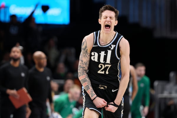 Atlanta Hawks guard Vit Krejci (27) reacts after making a three-point basket during the second half of their win against the Boston Celtics at State Farm Arena, Monday, March 25, 2024, in Atlanta. The Hawks won 120-118. (Jason Getz / jason.getz@ajc.com)