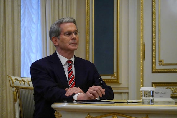 U.S. Treasury Secretary Scott Bessent attends a meeting with Ukraine's President Volodymyr Zelenskyy (not pictured) in Kyiv, Ukraine, on Wednesday, Feb. 12, 2025. (Alex Babenko/AP)