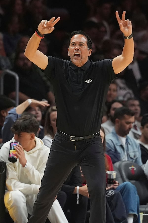 Miami Heat head coach Erik Spoelstra gestures during the first half of an NBA basketball game against the Atlanta Hawks, Wednesday, Feb. 26, 2025, in Miami. (AP Photo/Marta Lavandier)