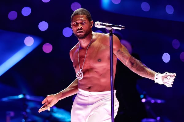 Usher performs during halftime of Super Bowl LVIII on Feb. 11, 2024, at Allegiant Stadium in Las Vegas. (L.E. Baskow/Las Vegas Review-Journal/TNS)