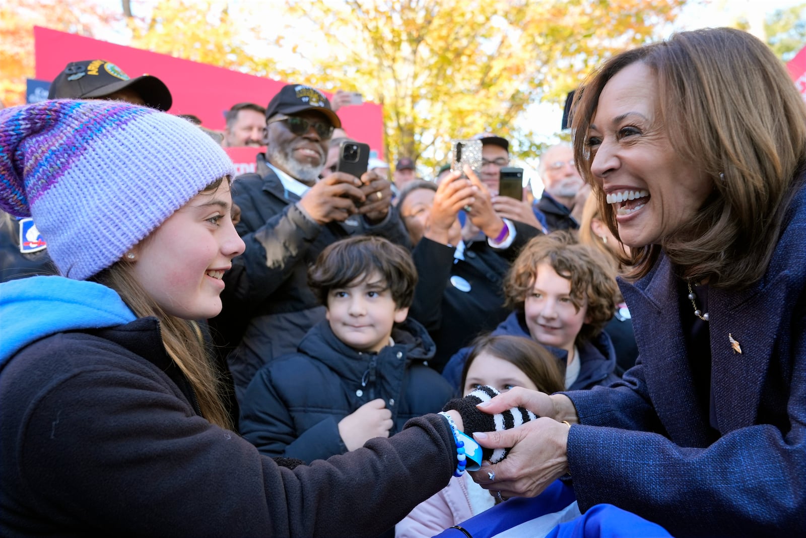 Democratic presidential nominee Vice President Kamala Harris greets people at a campaign event at Washington Crossing Historic Park, Wednesday, Oct. 16, 2024, in Washington Crossing, Pa. (AP Photo/Jacquelyn Martin)