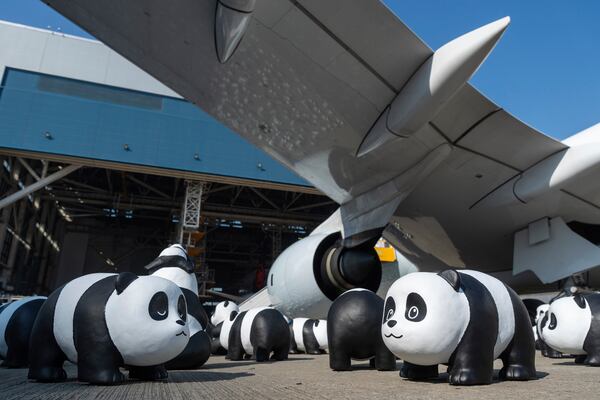 Part of 2500 panda sculptures are displayed at the Hong Kong International Airport during a welcome ceremony of the panda-themed exhibition "Panda Go!" in Hong Kong, Monday, Dec. 2, 2024. (AP Photo/Chan Long Hei)