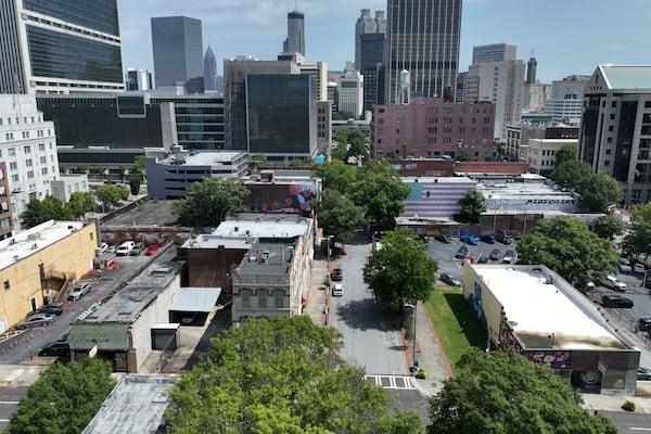 Aerial photo shows Broad St SW between Mitchell Street and MLK Jr. Dr., on Wed., Aug. 9, 2023, in Atlanta. (Hyosub Shin / Hyosub.Shin@ajc.com)