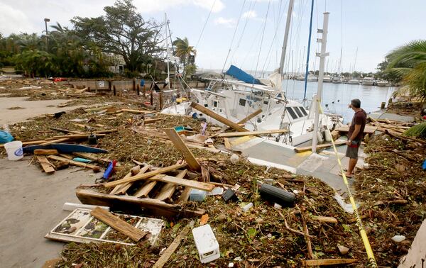 Debris from a sailboat that crashed, then smashed into the Dinner Key Marina in Miami, on Monday, Sept. 11, 2017. 