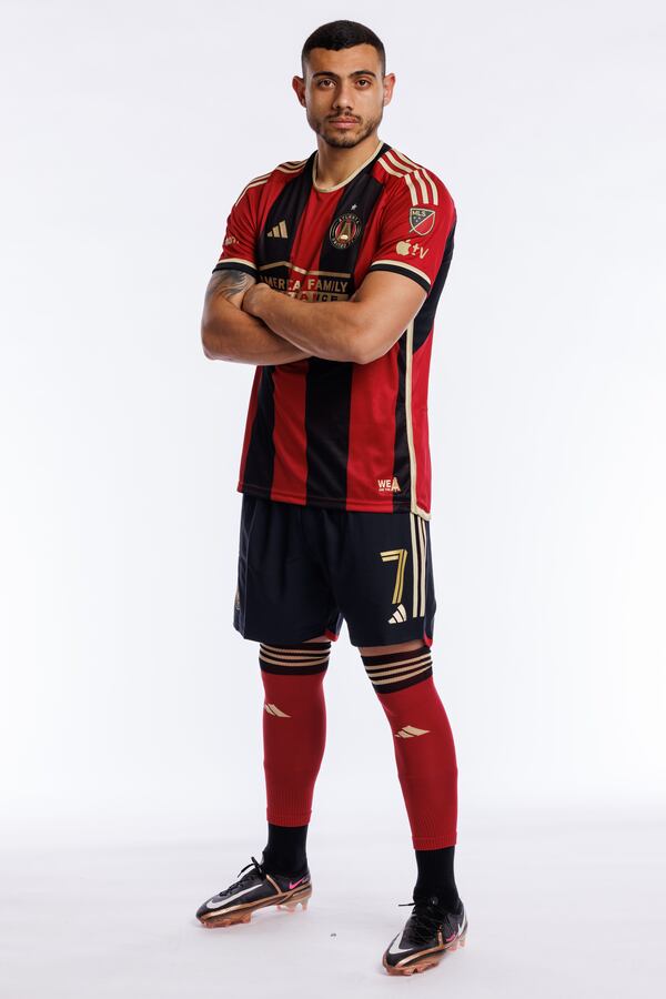 Atlanta United forward Giorgos Giakoumakis models the team's new kit. (Photo by Karl L. Moore/Atlanta United)