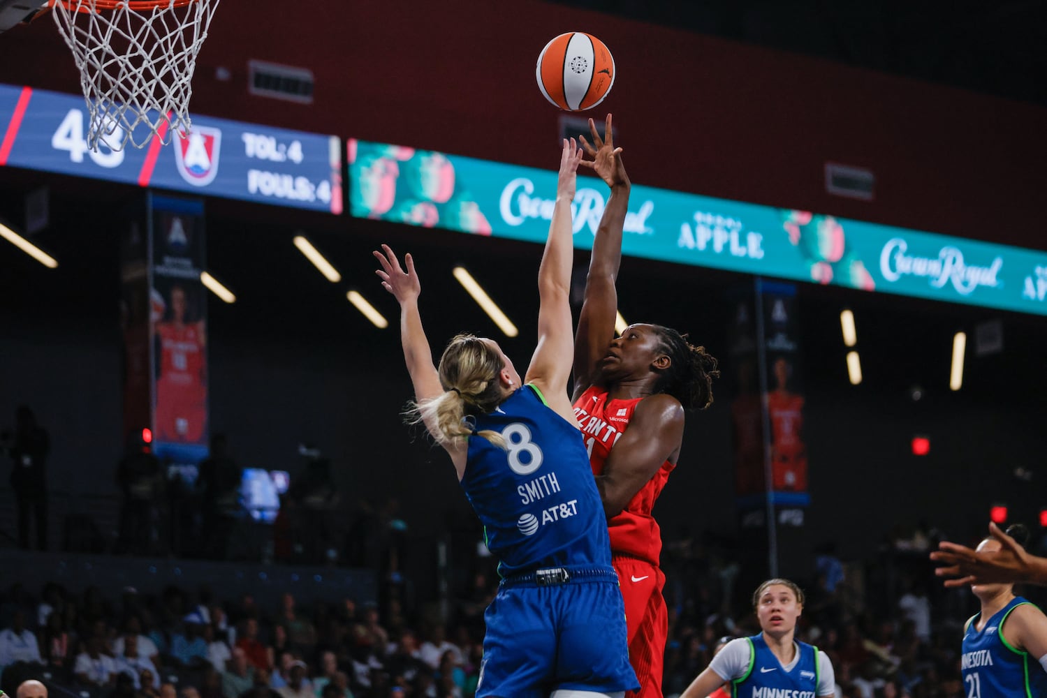 Atlanta Dream center Tina Charles shoots against Minnesota Lynx forward Alanna Smith (8) during the first half at Gateway Center Arena, Sunday, May 26, 2024, in Atlanta.
(Miguel Martinez / AJC)