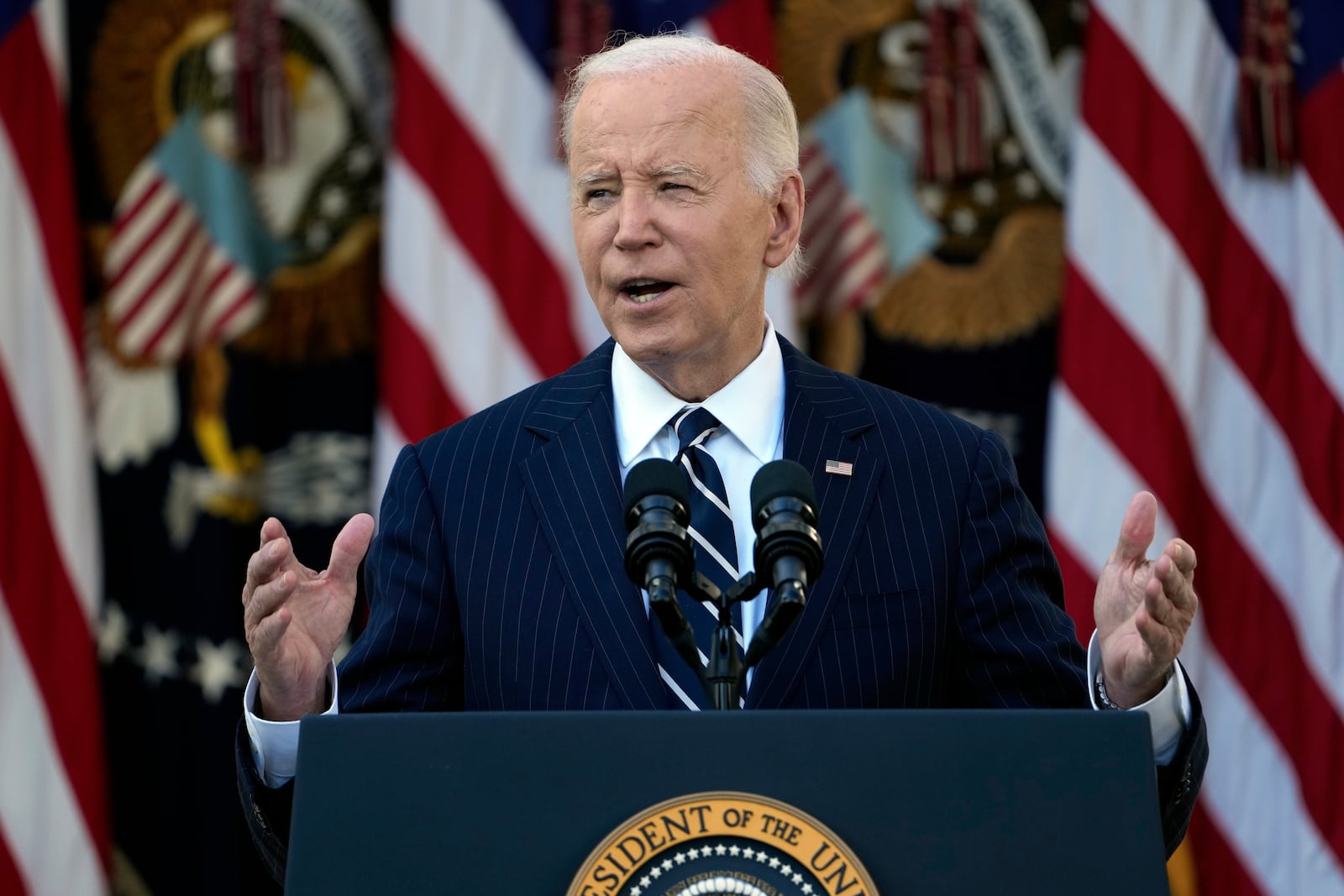 President Joe Biden speaks in the Rose Garden of the White House on Thursday.