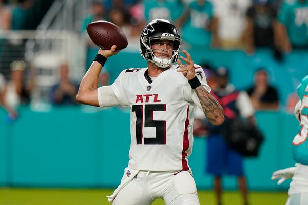 Atlanta Falcons quarterback Feleipe Franks (15) looks to pass the ball during the first half of a NFL preseason football game against the Miami Dolphins, Saturday, Aug. 21, 2021, in Miami Gardens, Fla. Franks took over for quarterback AJ McCarron who was injured on a play. (AP Photo/Wilfredo Lee)