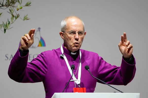 FILE - Archbishop of Canterbury Justin Welby delivers his speech at a interreligious meeting, in Rome on Oct. 6, 2021. (AP Photo/Gregorio Borgia, File)