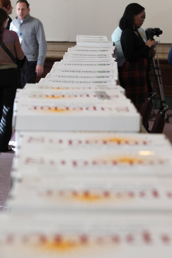 Multiple layers of multiple rows of boxes of documents pertaining to the City Hall bribery case were released to the press and public in Atlanta on Thursday, February 9, 2017. (HENRY TAYLOR / HENRY.TAYLOR@AJC.COM)