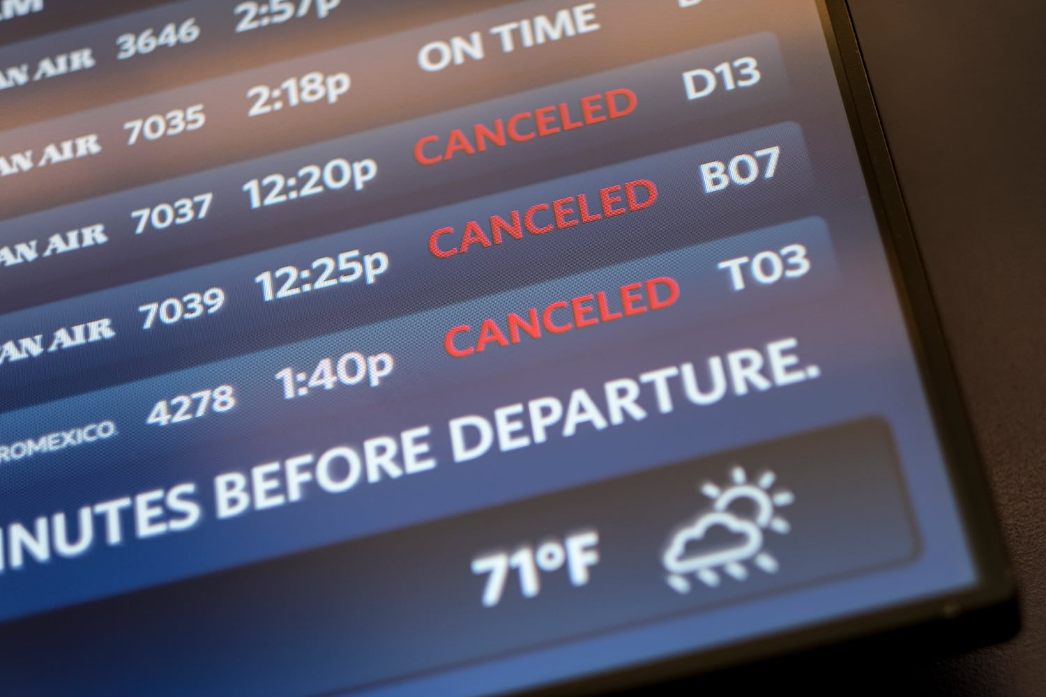 A few cancellations show on the departure board at Hartsfield Jackson International Airport on Thursday, Sept. 26, 2024 even before Hurricane Helene’s anticipated arrival.   Ben Gray for the Atlanta Journal-Constitution