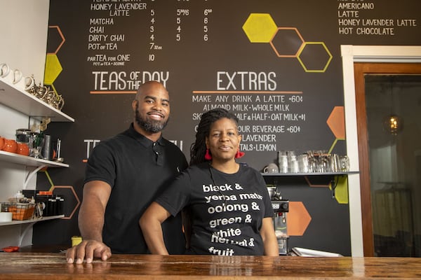 04/30/2020 - Atlanta, Georgia - Just Add Honey Tea Company owners Brandi and Jermail Shelton stand for a photo at their shop, located at 684 John Wesley Dobbs Avenue, in Atlanta’s Old Fourth Ward neighborhood, Thursday, April 30, 2020. (ALYSSA POINTER / ALYSSA.POINTER@AJC.COM)