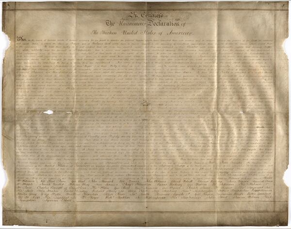 Undated handout photo of a parchment manuscript of the US Declaration of Independence, believed to date from the 1780s and found in a records office in Chichester, southern England. Harvard University researchers say they've discovered a second parchment copy of the Declaration of Independence, The Boston Globe reported Friday, April 21, 2017. (West Sussex Record Office Add Mss 8981 via AP).