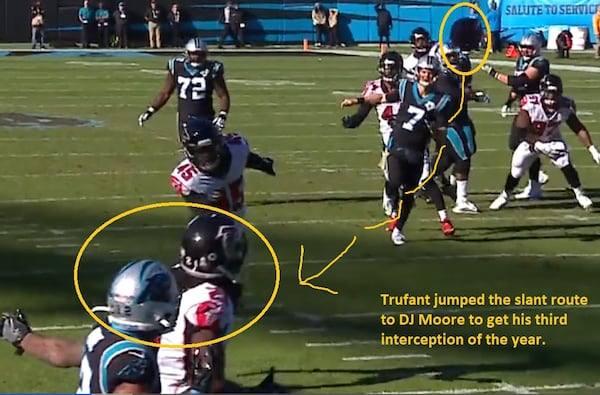 Falcons cornerback Desmond Trufant ran the slant route better than Panthers WR D.J. Moore and came up with his third interception of the year.  (Screenshot of Fox Broadcast from gamepass.nfl.com)