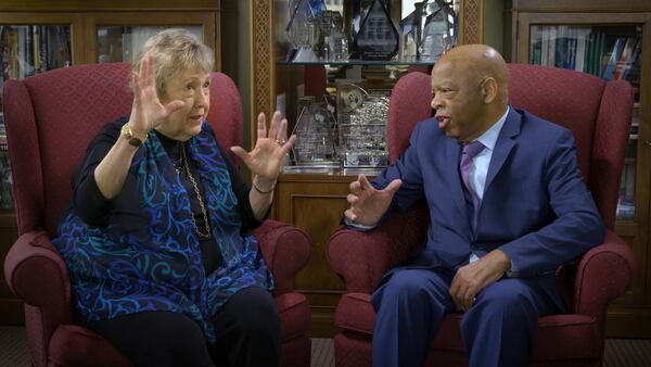 Sherry Frank (left) and Congressman John Lewis appear in the documentary, “Shared Legacies: The African-American Jewish Civil Rights Alliance.” Frank, the former director of the American Jewish Committee’s local chapter, has worked together with Lewis and Coretta Scott King on issues like voting rights and the creation of Martin Luther King Day. (Atlanta Jewish Film Festival)