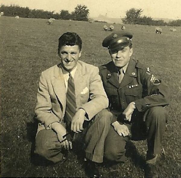 Staff Sgt. Bill King (right) poses with his future brother-in-law, Bill Parry, in this 1944 shot. The two had trouble trying to kill a chicken for a special birthday dinner. (Courtesy of the Parry family)