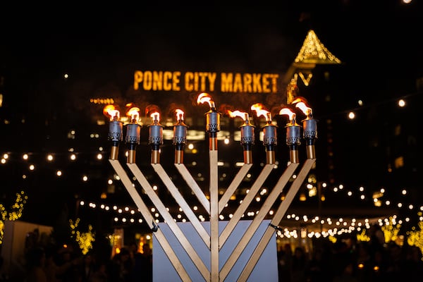 The menorah’s candles are aglow at Ponce City Market. (Courtesy of Jamestown)