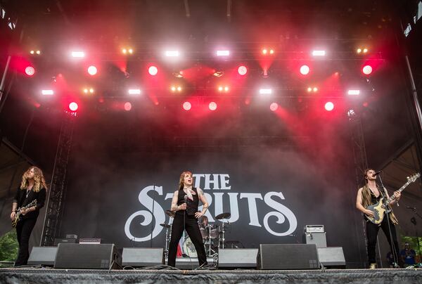 The Struts brought their brand of glam rock to a crowd that belted out every word at the Piedmont Stage at Shaky Knees on Sunday, May 5, 2024. (RYAN FLEISHER FOR THE ATLANTA JOURNAL-CONSTITUTION)