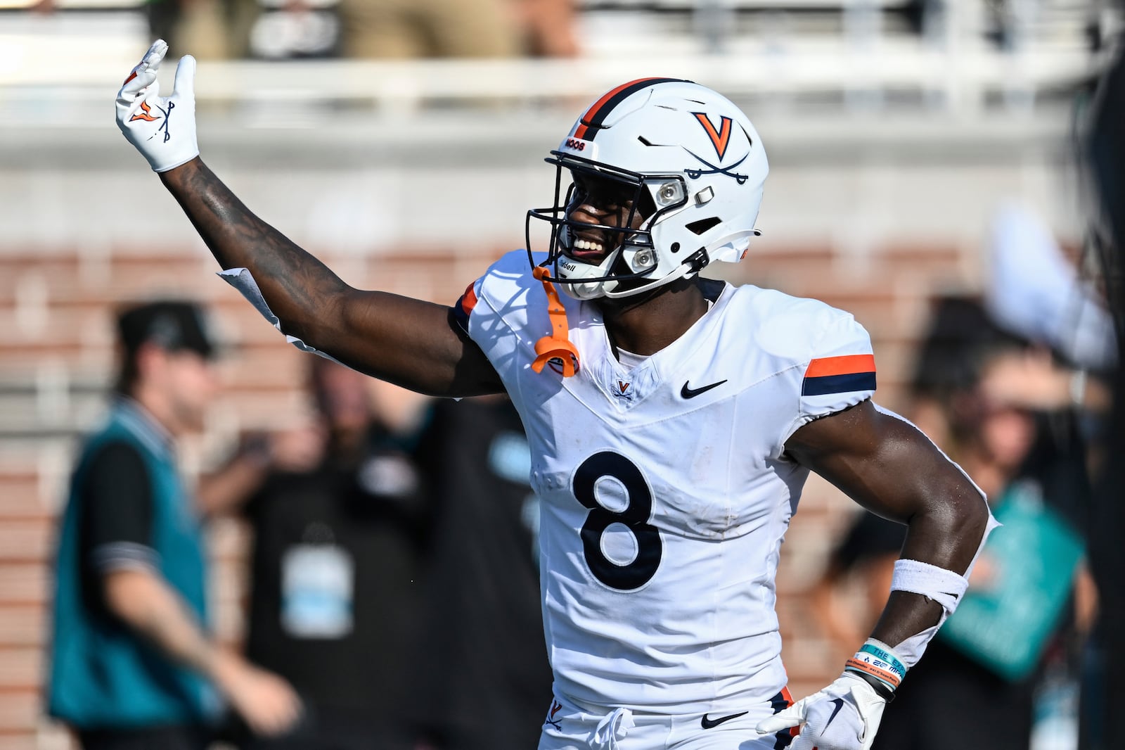 Virginia wide receiver Malachi Fields celebrates after scoring a touchdown during the second half of an NCAA college football game against Coastal Carolina, Saturday, Sept. 21, 2024, in Conway, S.C. (AP Photo/Matt Kelley)