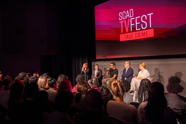 The “Inspired By a True Story” panel was moderated by Evan Muehlbauer, SCAD professor of dramatic writing (far left, seated next to the interpreter). Panelists (from left beside Muehlbauer) included Nick Antosca, Christopher Barbour and Alexandra Cunningham.