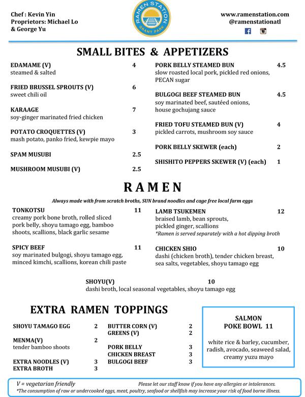 The menu for Ramen Station