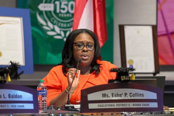 Atlanta Public Schools Board Chair Eshe’ Collins, representing District 6, is shown during a work session to discuss the preliminary budget at the Atlanta School Board meeting on May 1, 2023, in Atlanta. Jason Getz/AJC 2023