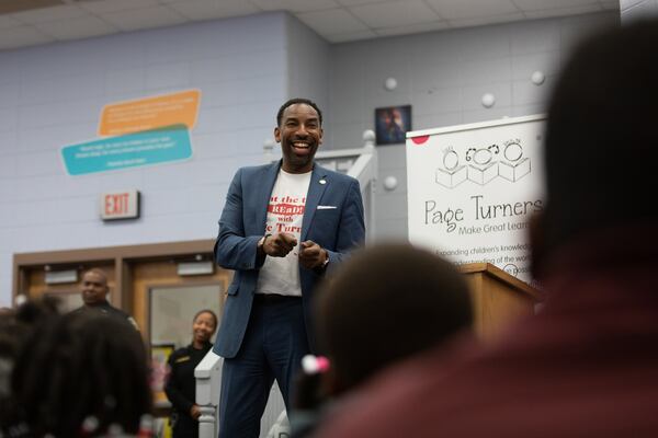 Atlanta Mayor Andre Dickens speaks about the importance of reading to elementary school students at Heritage Academy in Atlanta on Feb. 2, 2023. (Riley Bunch/riley.bunch@ajc.com)